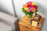 Flowers - One Dozen Rainbow Roses with Godiva & Bear (Free Vase Included)