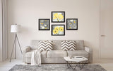 Beautiful Grey & Yellow Poster Set; Birds and Flowers; Two 12x12in and Two 14x11in Black Framed Prints