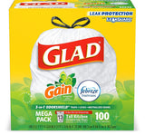 Glad Tall Kitchen Drawstring Trash Bags - OdorShield 13 Gallon White Trash Bag, Gain Original with Febreze Freshness - 100 Count
