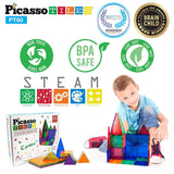 PicassoTiles 60 Piece Set 60pcs Magnet Building Tiles Clear Magnetic 3D Building Blocks Construction Playboards