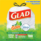 Glad Tall Kitchen Drawstring Trash Bags - OdorShield 13 Gallon White Trash Bag, Gain Original with Febreze Freshness - 100 Count