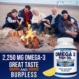 Omega 3 Fish Oil 2250mg - High EPA 1200MG + DHA 900MG Triple Strength Burpless Capsules - Arazo Nutrition (120 Count)