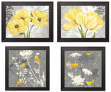 Beautiful Grey & Yellow Poster Set; Birds and Flowers; Two 12x12in and Two 14x11in Black Framed Prints