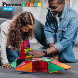 PicassoTiles 100 Piece Set 100pcs Magnet Building Tiles Clear Magnetic 3D Building Blocks Construction Playboards