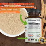 Ashwagandha 1300mg Made with Organic Ashwagandha Root Powder & Black Pepper Extract - 120 Capsules. 100% Pure Ashwagandha Supplement